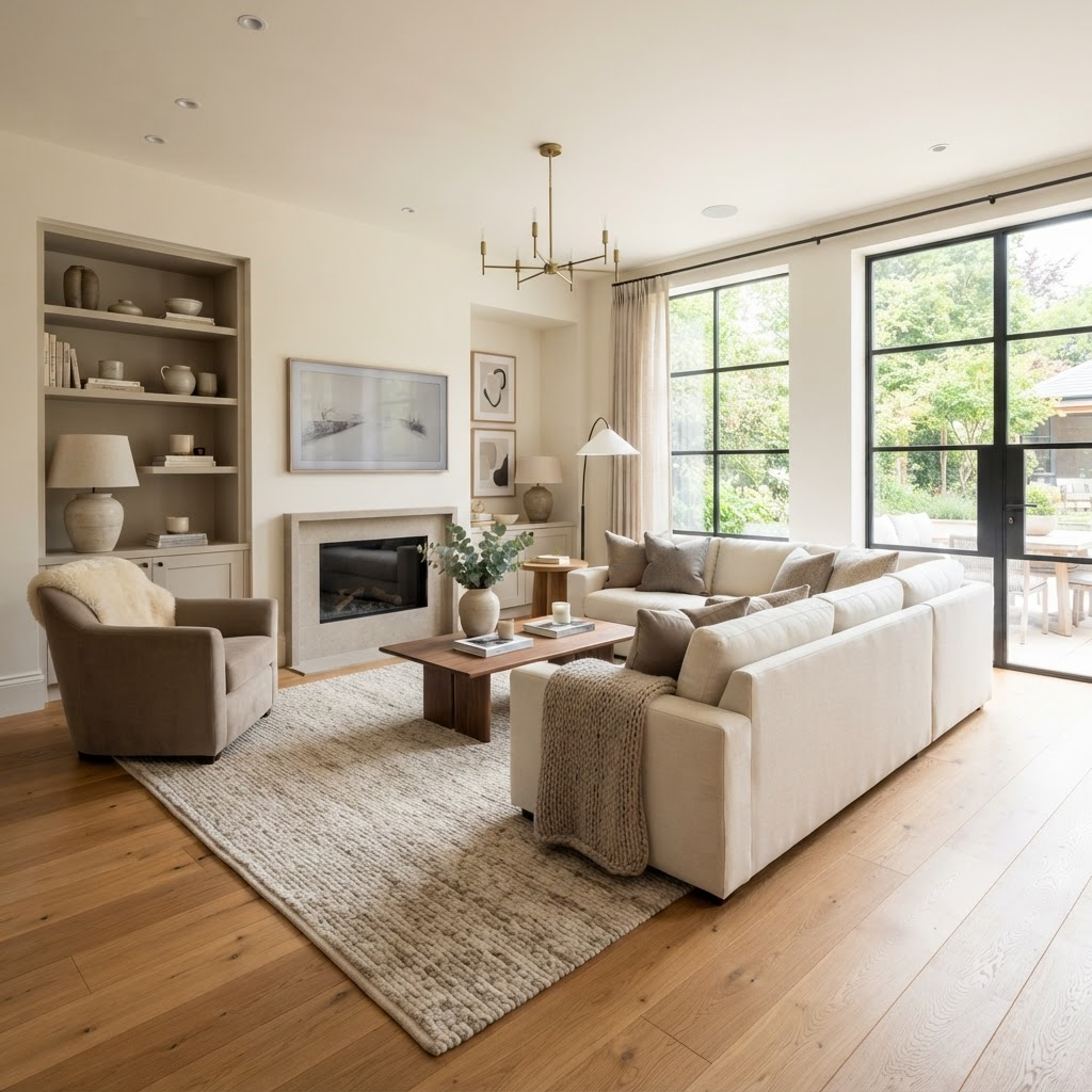 Modern living room with warm hardwood flooring