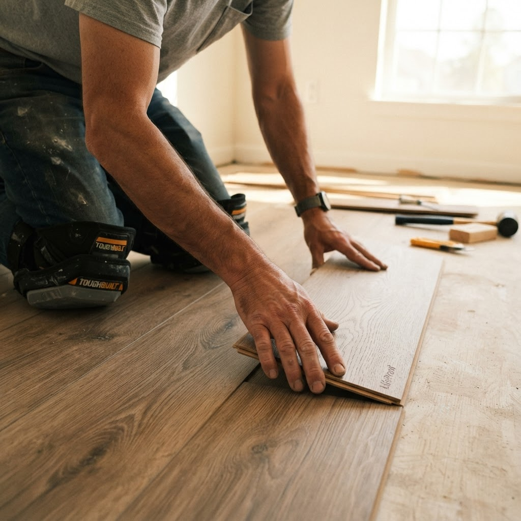 Professional installer laying new flooring